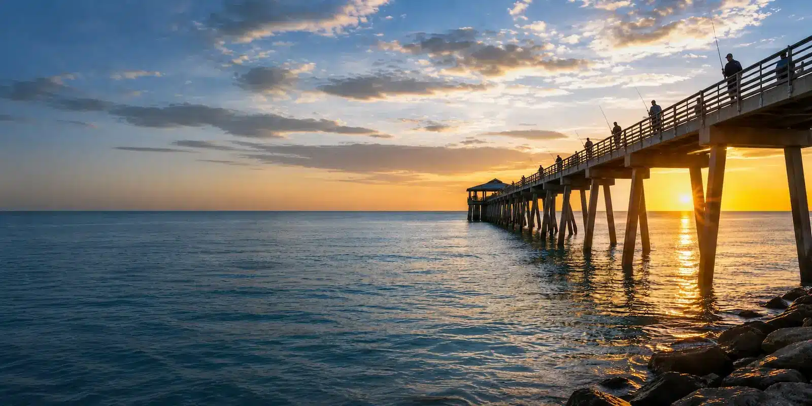 Sunset over a Florida fishing pier stretching into the Gulf